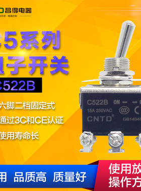 CNTD昌得钮子开关C522B小型摇头拨动开关6脚2档电源开关12mm 15A