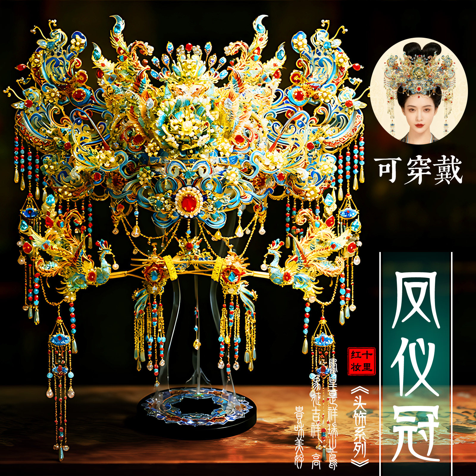 钢达点翠粉黛二十二凤冠立体金属拼图新婚礼物十里红妆全套头饰