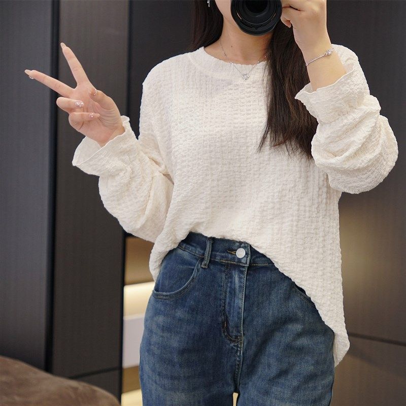 200斤胖mm设计感泡泡皱长款T恤春款大码女装时尚百搭宽松女打底衫