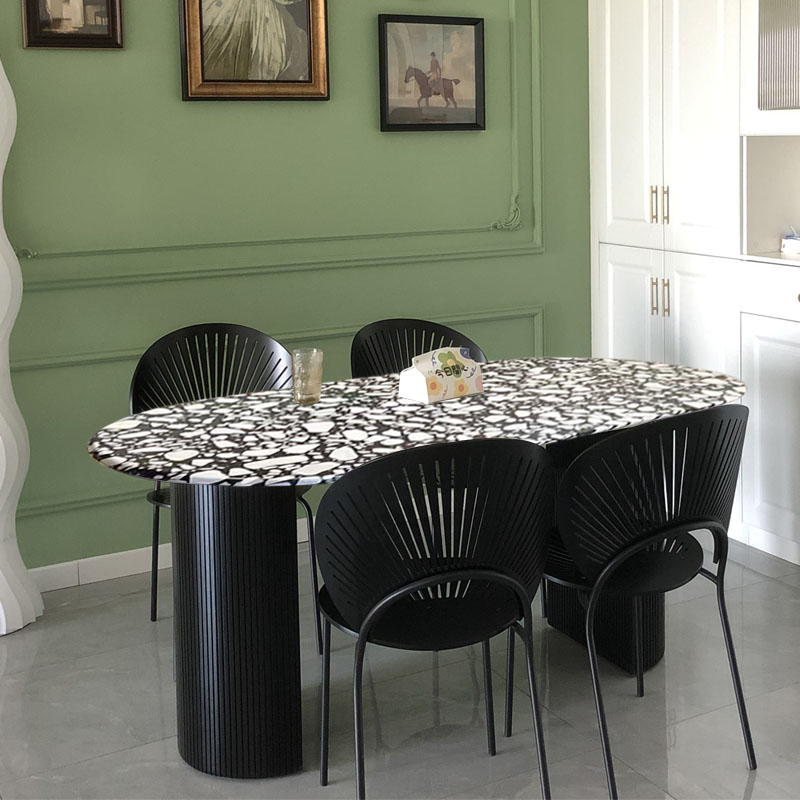 法式简约网红黑白水磨石餐桌大理石实木餐桌小户型简约吃饭桌子