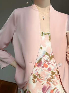 夏季女士素米色小西装外套七分袖西服上衣修身薄款休闲白黑色外搭