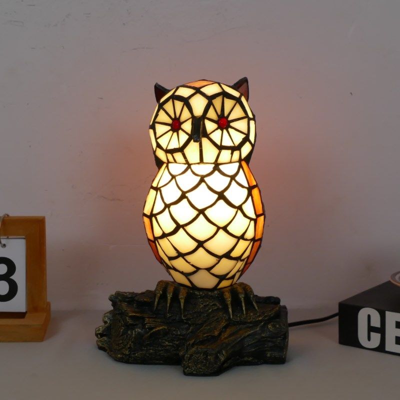 欧式创意彩色玻璃蝴蝶台灯 动物 卧室书房装饰摆件猫头鹰小台灯