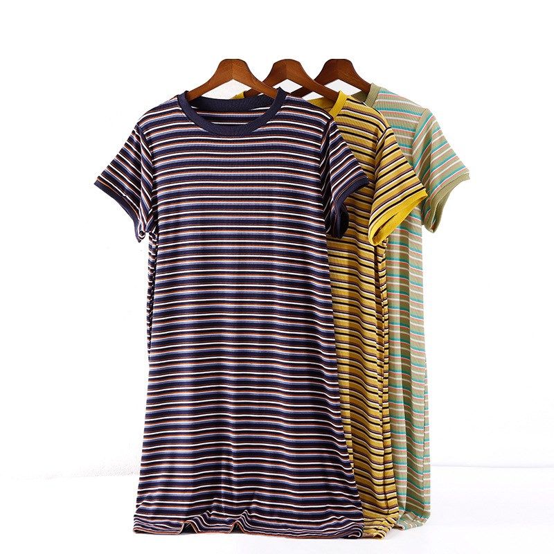 夏特大加肥加大码超大宽松条纹睡裙家居短袖连衣裙女200斤中裙240