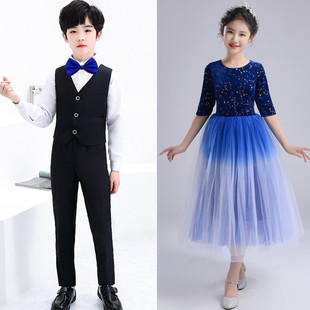 宝蓝色儿童合唱演出服装初中生诗歌朗诵礼服女生长裙男童长袖套装