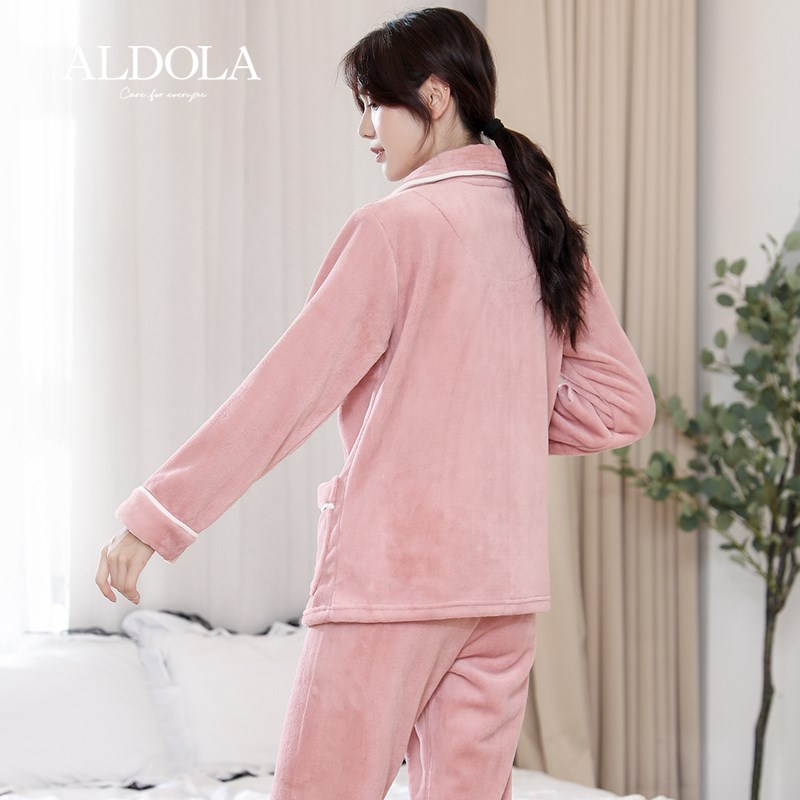 雅黛丽睡衣秋冬女法兰绒加绒加厚保暖家居服套装红色可外穿高级感
