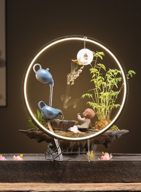 新中式招财循环流水摆件创意陶瓷悬壶鱼缸办公室家居桌面装饰礼品