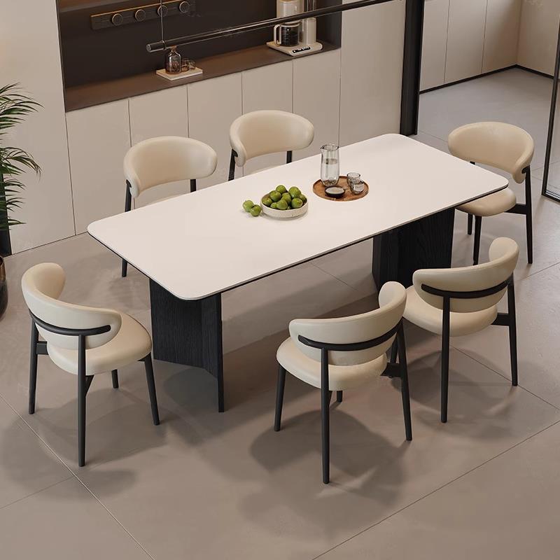 FS纯白岩板餐桌意式简约长方形桌子实木大小户型饭桌岩板桌法式