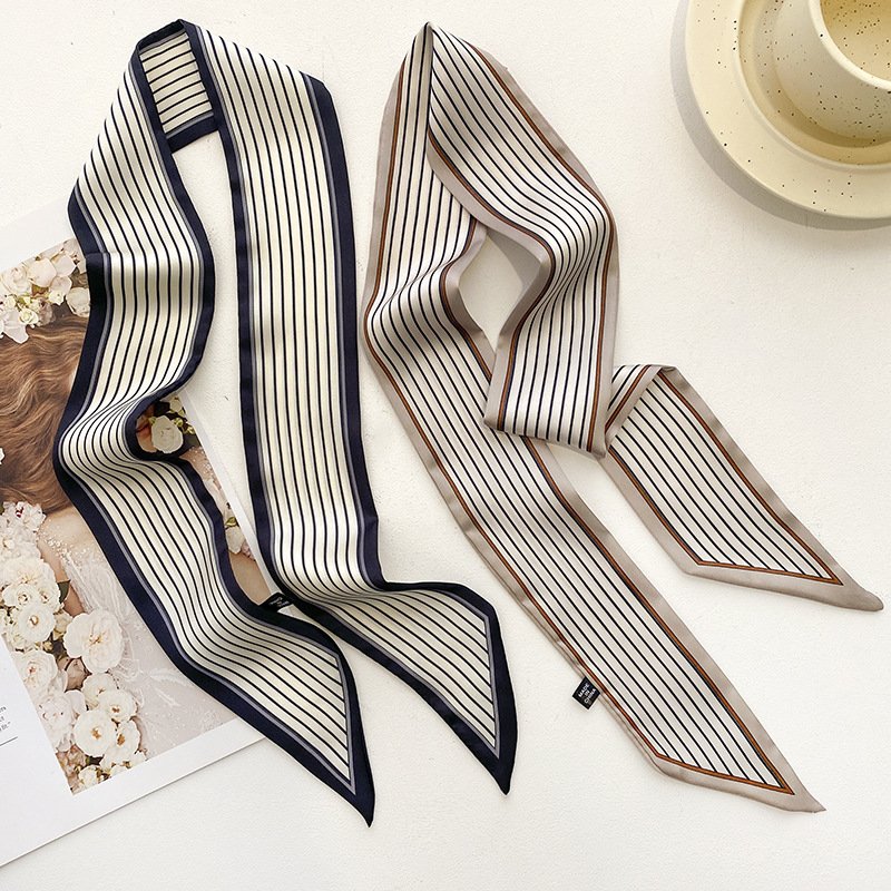 2025丝巾窄长款条纹双层小领巾春秋韩国飘带围巾ins潮绑发头巾
