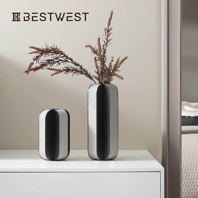博西家居灰色编织纹高档花器轻奢高级感家居别墅样板间软装饰品