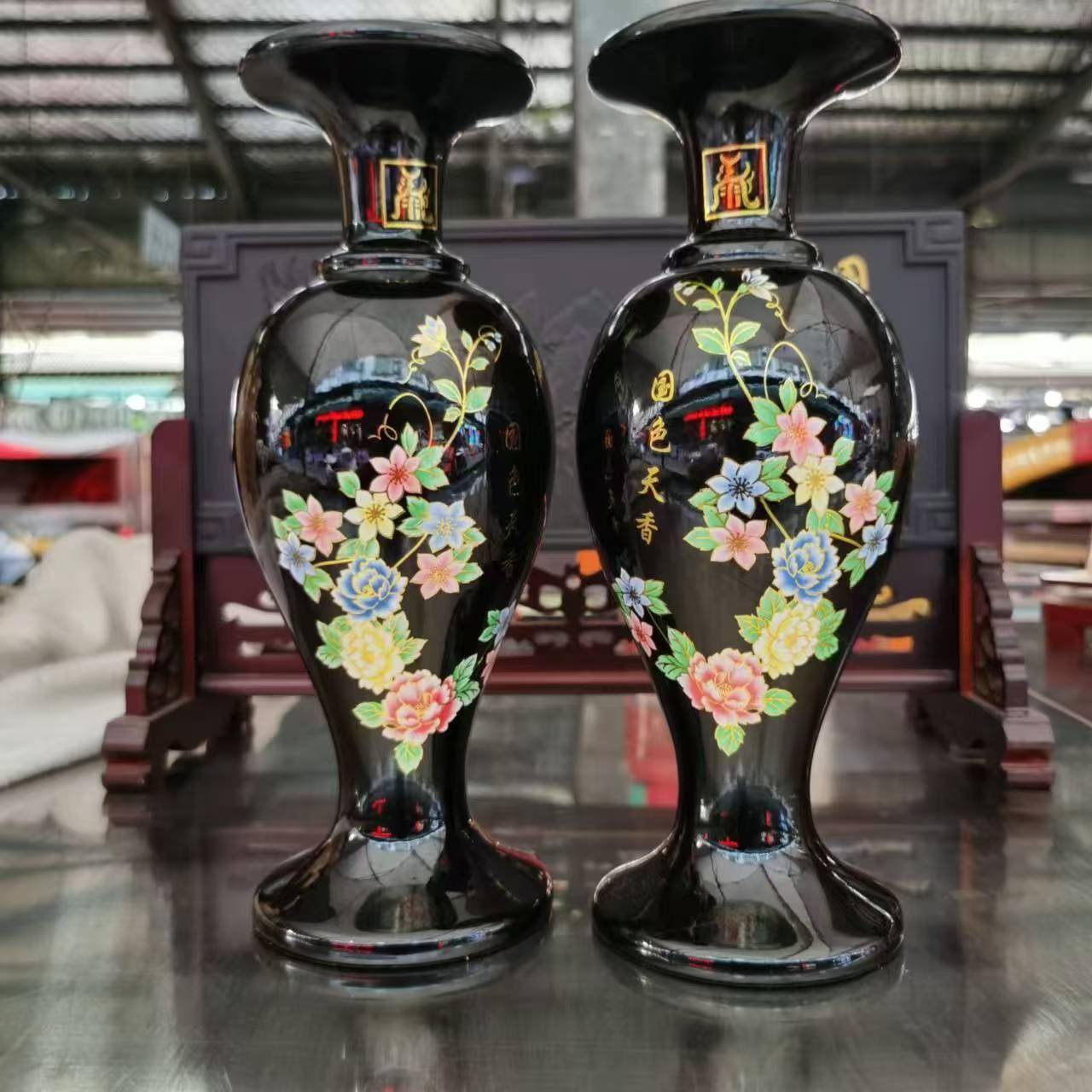 泰山墨玉墨国色天香牡丹花瓶摆件原石雕刻客厅创意办公室装饰