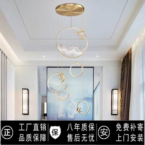 新中式楼梯吊灯全铜餐厅别墅复式楼客厅中空loft跃层长灯