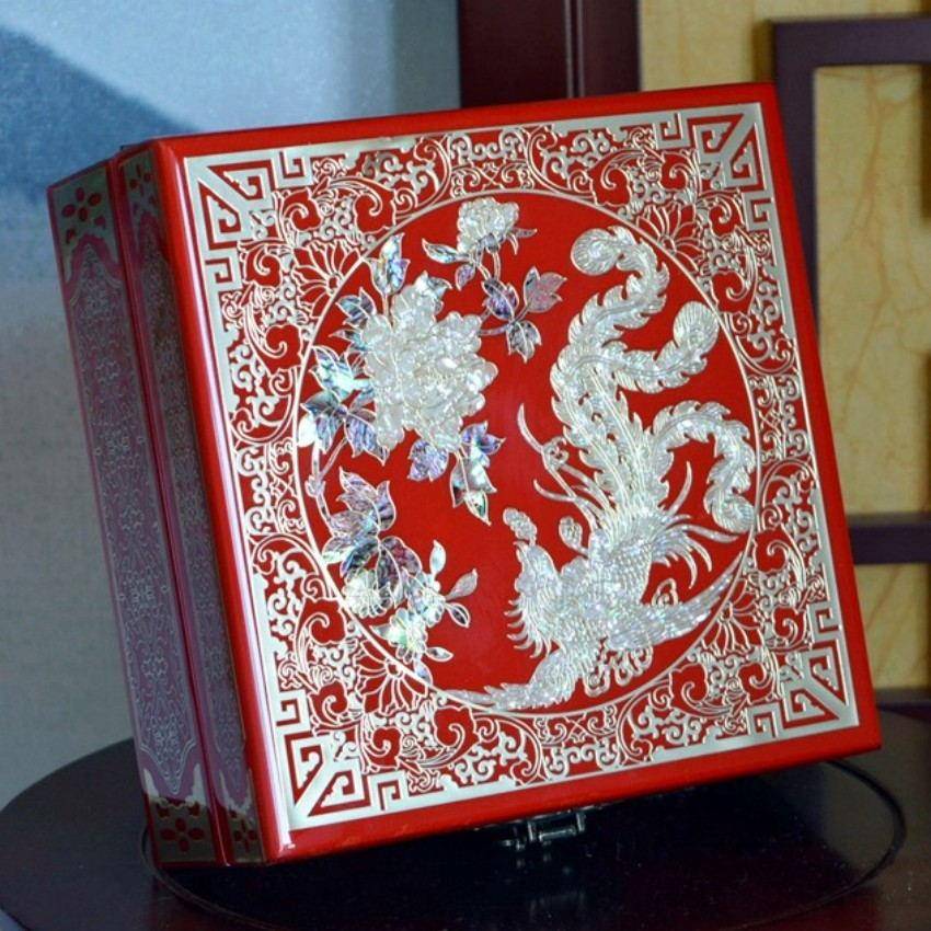 贝壳螺钿收纳盒镶嵌铜丝掐丝饰品盒龙凤呈祥漆器工艺首饰盒手工