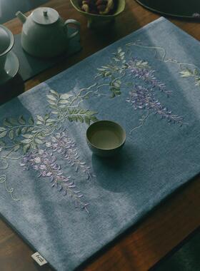 引之刺绣紫藤茶垫棉麻茶席布艺礼品覆古茶布中式茶席干泡茶道文艺