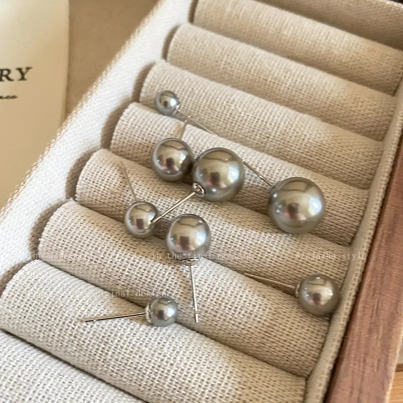 灰色马贝珍珠耳钉珍珠耳钉女潮时尚网红气质耳饰ins简约冷淡风