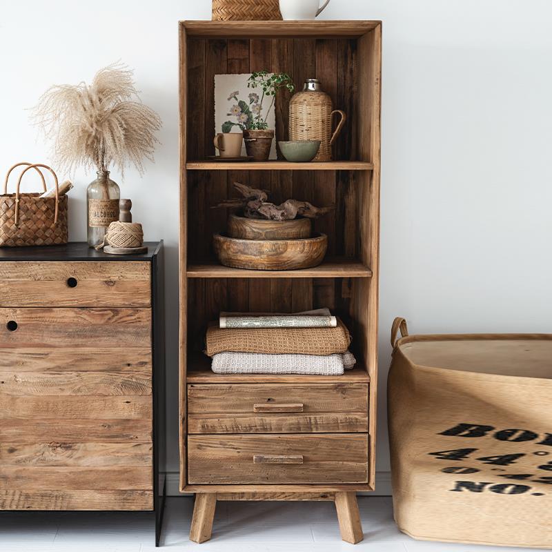 润家家居美式覆古展示柜实木老松木可移动书柜客厅饭厅隔层置物柜