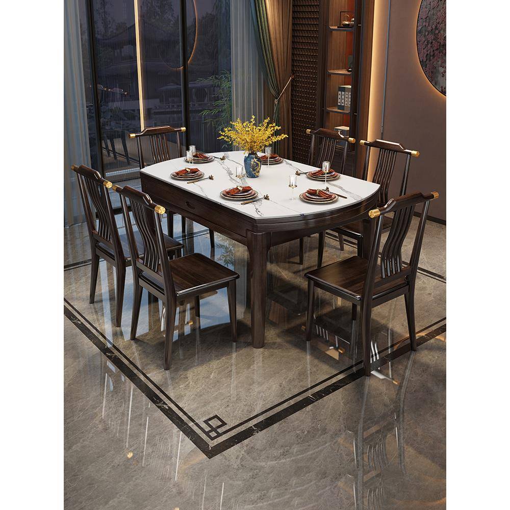 新型中式实木石板餐桌圆桌可伸缩折叠餐桌椅子组合餐桌餐厅家具