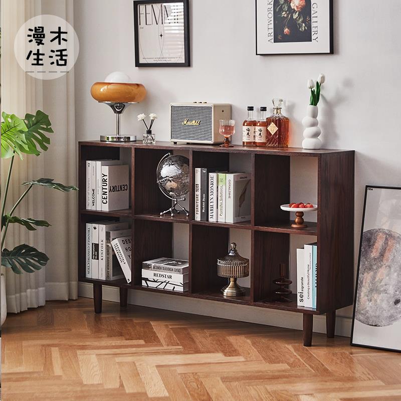 漫木生活北欧实木书架落地橡木黑胡桃木色格子柜日式简约矮书柜