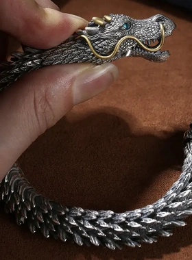 翔栩新款龙手链男复古霸气潮流男镀银手环龙骨冷淡风高级感直