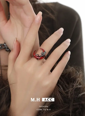 红月玫瑰戒指女新款高级感简约设计开口食指戒个性复古手饰品