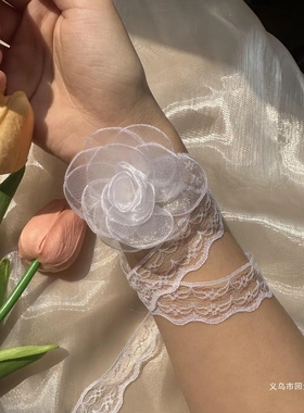 海超饰品新款白色蕾丝小花手腕花女绑发气质颈链手链丝带法式复古