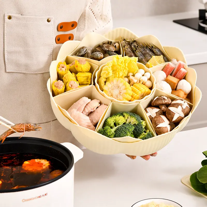 8格花瓣旋转火锅盘-可旋转创意家用火锅盘双层厨房食物拼盘蔬菜篮