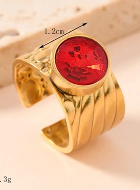 欧美热卖钛钢戒指女轻奢宫廷风油压彩色宝石戒指百搭个性开口指环