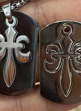 2023欧美网红男士黑色花纹十字架钛钢吊坠项链珠链速卖通热卖