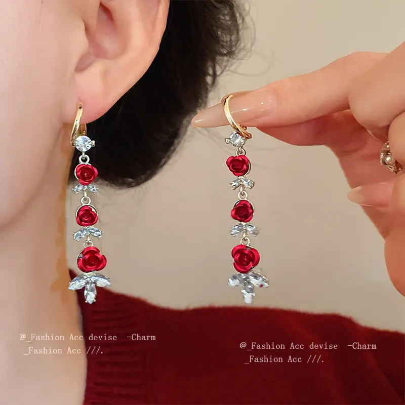 镶钻花朵树叶流苏耳扣甜美轻奢风气质耳环高级感喜庆百搭耳饰