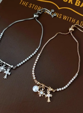 欧美风锆石雪花十字架珍珠可调节手链简约个性手环轻奢高级感手饰