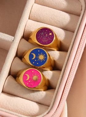 欧美时尚流行嘻哈戒指饰品梦幻紫色亮片滴油太阳月亮戒指女