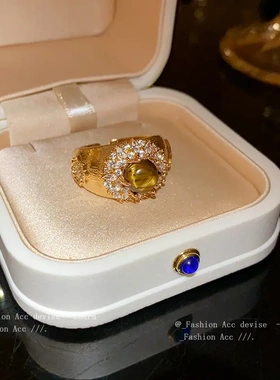 美拉德锆石虎眼石椭圆开口戒指复古高级感食指戒时尚宫廷风手饰女