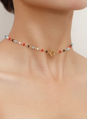 欧美饰品 时尚气质彩色水晶玻璃珠项饰 简约ot扣短款花朵项链