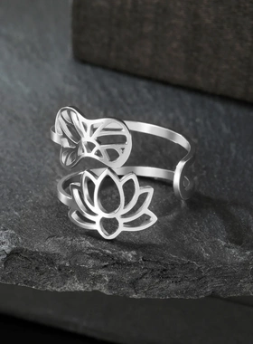 新品韩版甜美小清新风切割不锈钢荷花女式戒指可调节钛钢指环