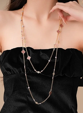 轻奢粉色双面滴油菱形花朵水晶项链时尚宫廷风毛衣链法式轻奢项饰