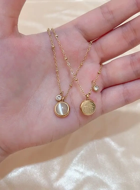 2025年新款小众设计感福字双面石轻奢钛钢项链女锁骨链不掉色