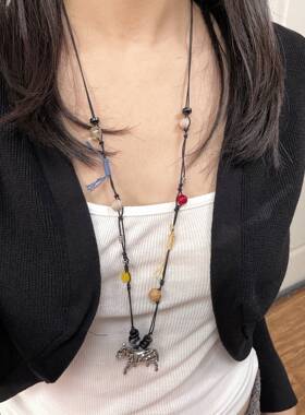 新中式复古彩色小马编制绳串珠项链女2025新款高级感毛衣链配饰品