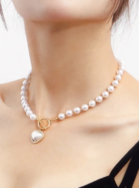 欧美饰品 亚克力珍珠串珠项链爱心吊坠项饰女 百搭
