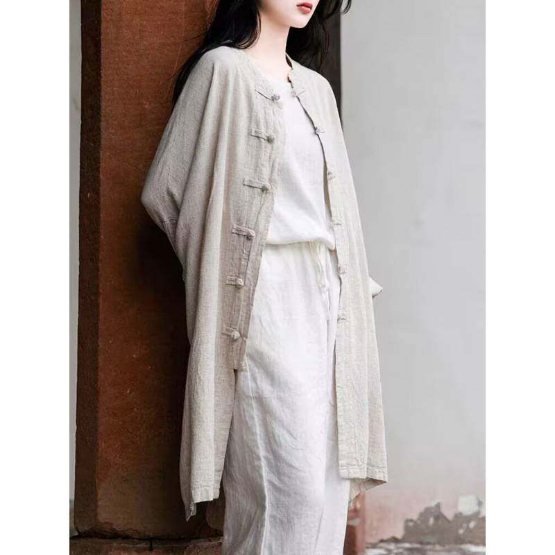 亚麻复古衬衫女2026宽松中长款长袖太极服上衣棉麻衬衣裙