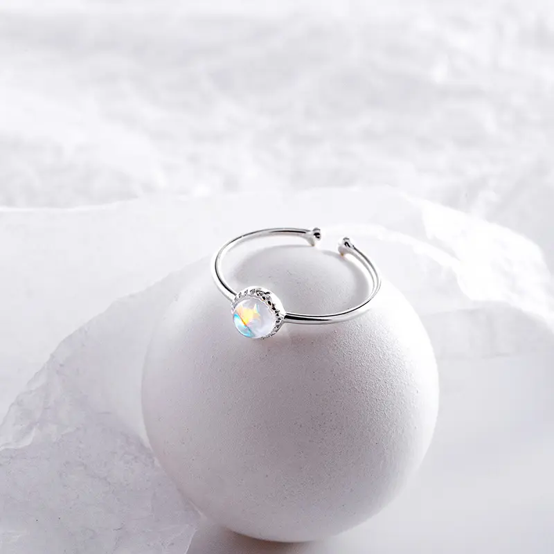s925银炫彩月光石戒指女小清新简约细款圆珠活口可调节指戒
