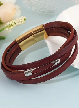 爆款磁铁扣新款手链女性皮革开心铜管串珠pu皮多层手环手镯
