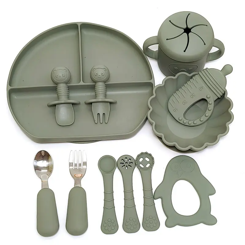 硅胶分隔餐盘围兜叉勺水杯碗餐具套装 餐盘碗带吸盘 环保防摔
