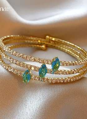 蓝色锆石不规则镶钻多层手镯小众设计感手环气质轻奢高级感手饰女