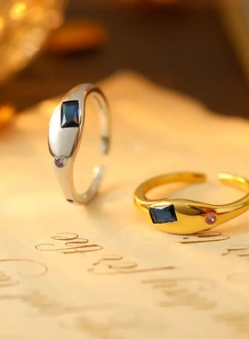 s925银夏日新品彩色锆石戒指女复古时尚叠戴指环开口可调节
