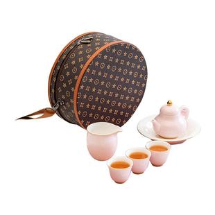 粉色日式 生高档轻奢家用陶瓷泡茶壶 旅行茶具小套装 户外便携包女式