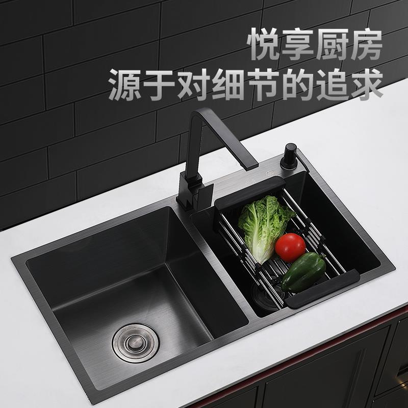 黑色纳米厨房水槽双槽不锈钢手工洗菜盆家用洗碗槽加厚洗菜池台下