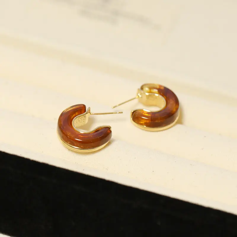 法式复古美拉德简约型耳环s925银针新款耳钉高级琥珀色秋冬耳饰