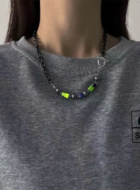 方块绿色碎石项链男潮帅气酷拼接ins轻奢小众设计感嘻哈情侣配饰