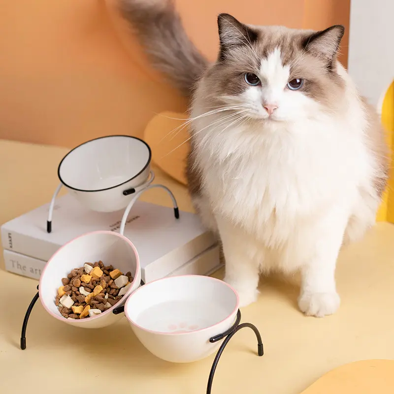 猫碗陶瓷双碗单碗高脚猫咪粮碗饮水碗宠物碗带可调节倾斜角度铁架