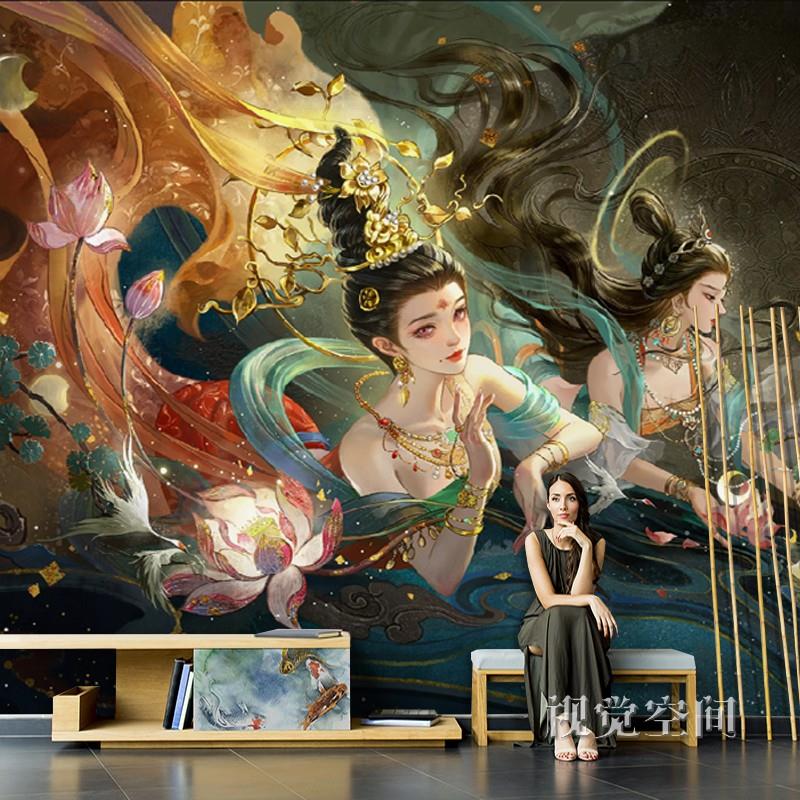 国潮风网红墙纸敦煌壁画古风飞天仙女壁纸电视背景墙壁布定制墙布