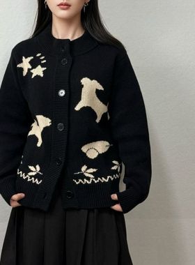 Avante Guardian原创新款黑色小狗秋冬毛衣针织开衫纽扣外套上衣